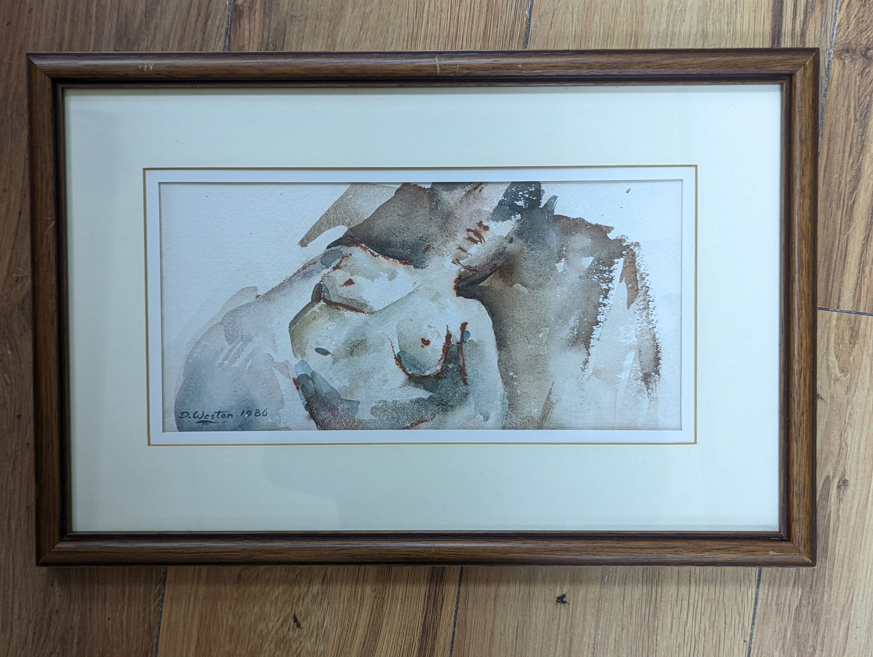 David Weston (b.1942), watercolour, Reclining female nude, signed and dated 1986, 13 x 27cm